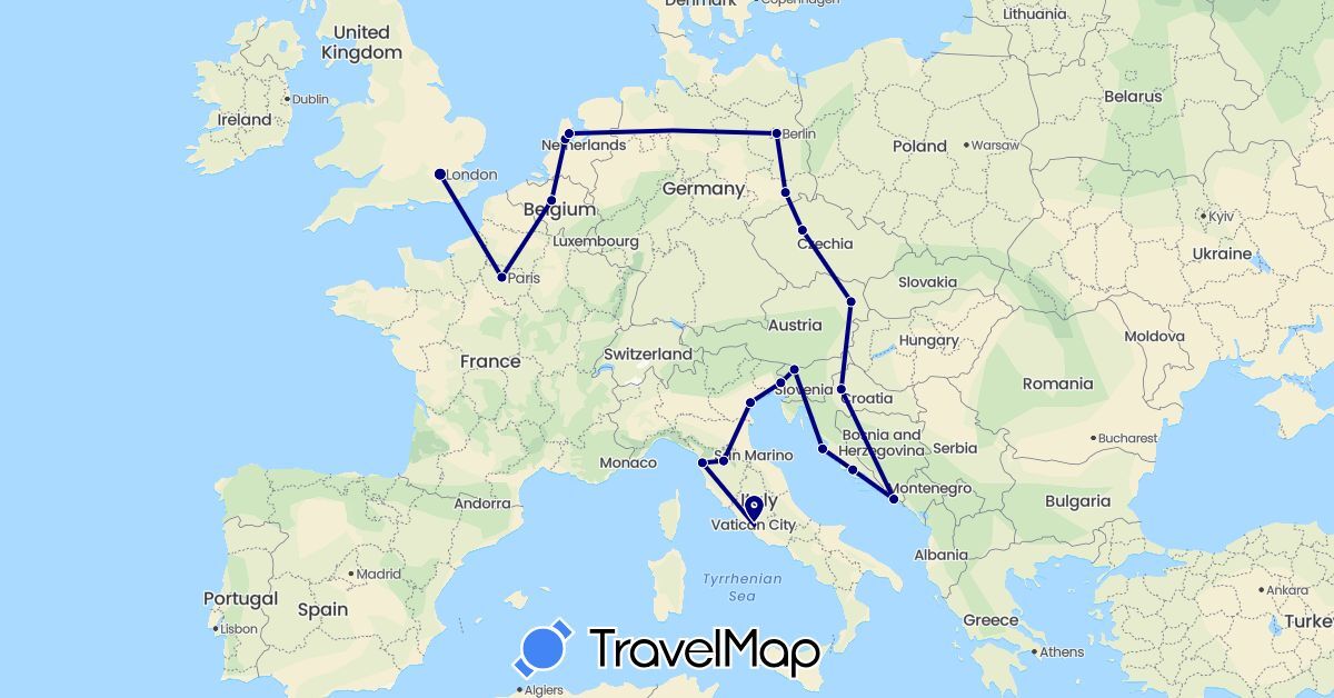 TravelMap itinerary: driving in Austria, Belgium, Czech Republic, Germany, France, United Kingdom, Croatia, Italy, Netherlands, Slovenia (Europe)